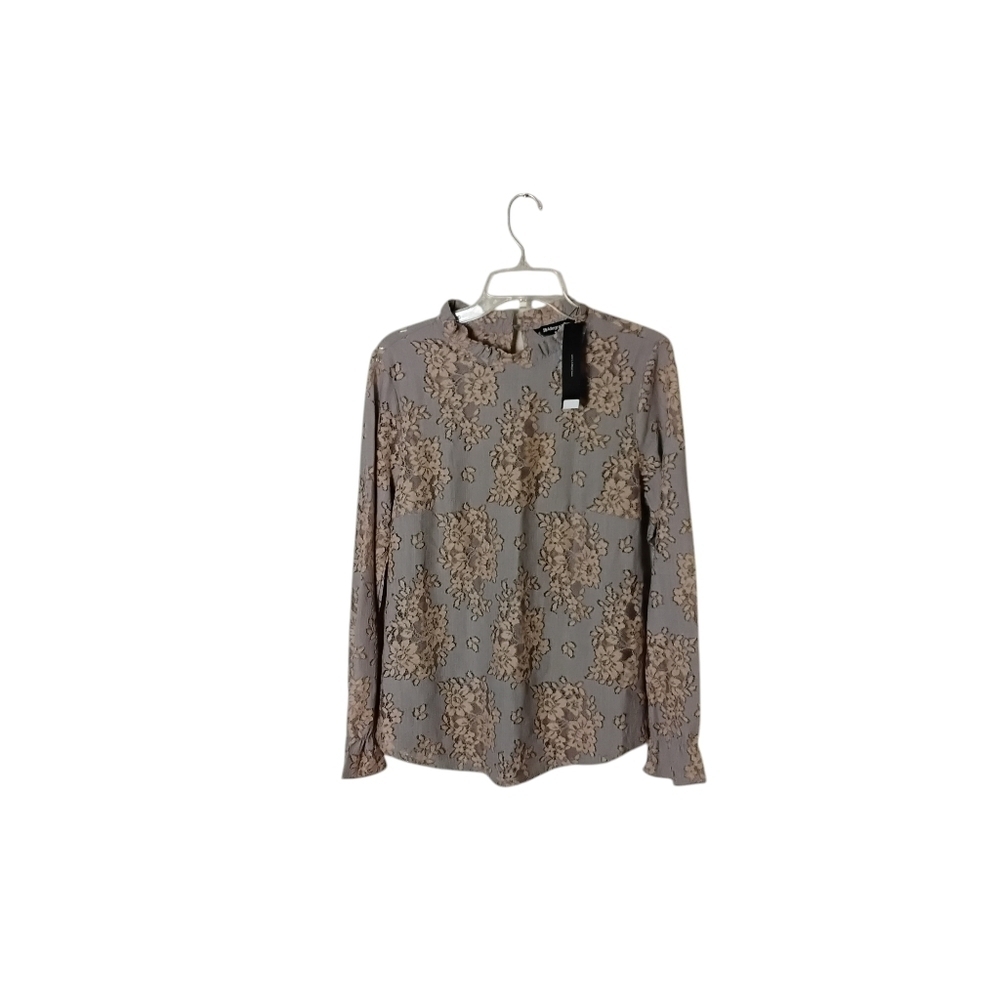 Allegra K Women's Gray Tan Floral See Through Long Sleeve Ruffle Pullover Top M